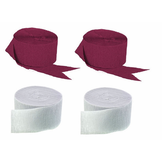 Maroon and White Crepe Paper Streamers (2 Rolls Each Color) MADE IN USA!