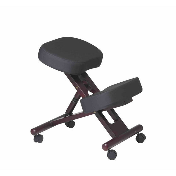 Office Star Ergonomically Designed Knee Chair with Casters, Memory Foam and Mahogany Finished Wood Base, Black