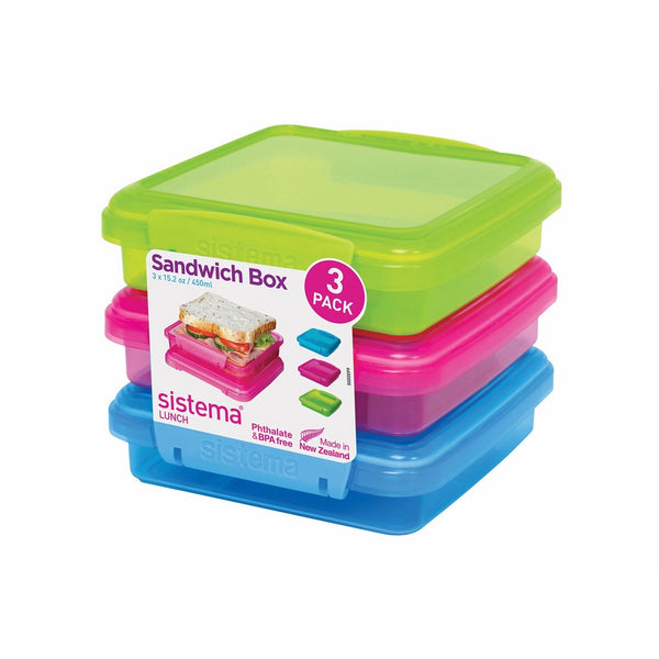 Sistema Lunch Collection Sandwich Box Food Storage Container, 15.2 Ounce/1.9 Cup, Assorted Colors, Set of 3