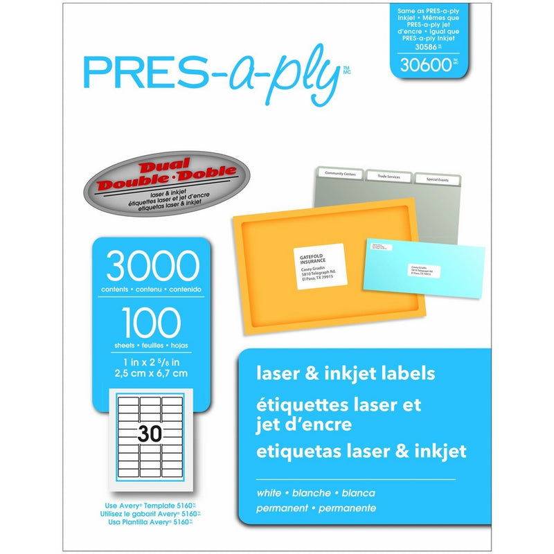 Pres-A-Ply Laser Address Labels, 1 x 2-5/8, White, 3000/Box