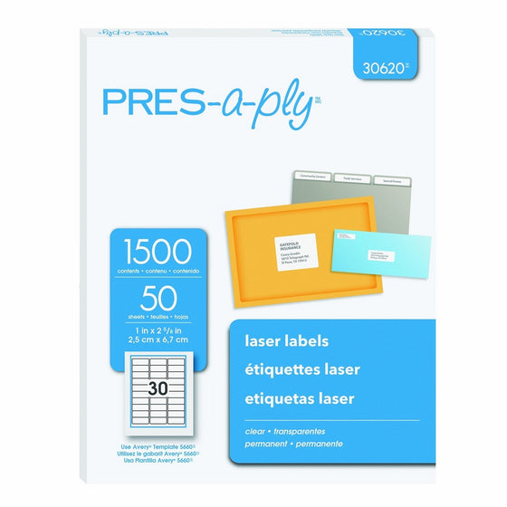 Pres-a-ply Laser Address Labels, 1 x 2.83 Inches, Clear, Box of 1500 (30620)