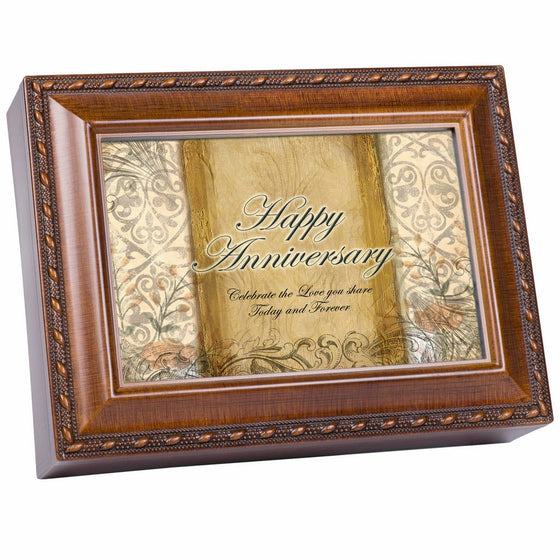 Cottage Garden Happy Anniversary Woodgrain Rope Trim Music Box Plays Unchained Melody