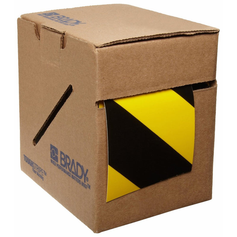 Brady ToughStripe Floor Marking Tape - Yellow and Black Diagonal Stripes, Non-Abrasive Tape - 3" Width, 100' Length - 104347
