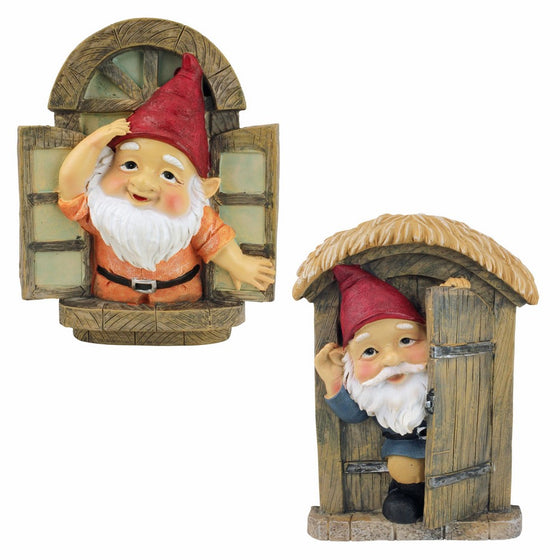 Design Toscano Knothole Welcome Gnomes Garden Tree Sculptures, 9 Inch, Door and Window Set of Two, Polyresin, Full Color