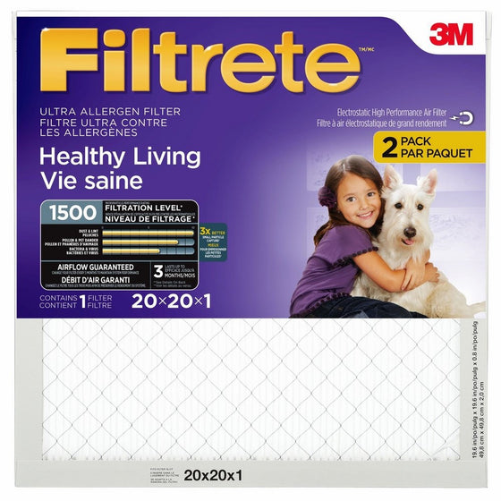 Filtrete Healthy Living Ultra Allergen Reduction HVAC Air Filter, MPR 1500, 20 x 20 x 1, 2-Pack