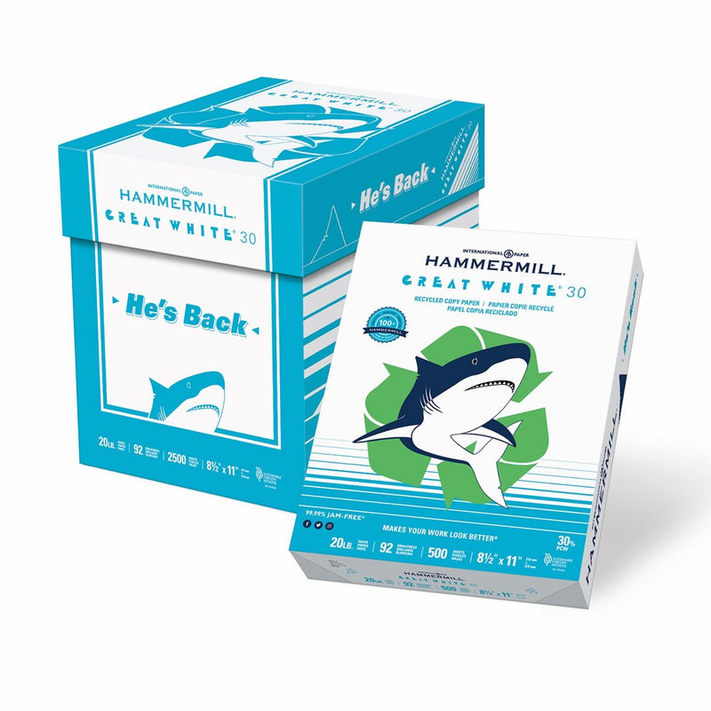 Hammermill Great White 30% Recycled Copy Paper, 20lb, 8-1/2 x 11, 92 Bright, 2500 Sheets/5 Ream Case (086710P)