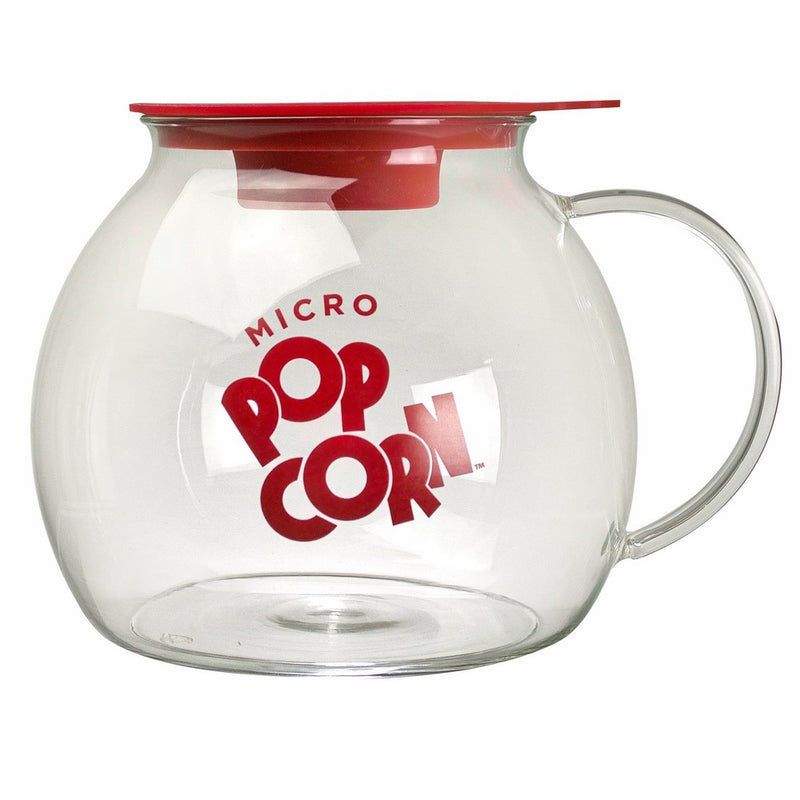 Ecolution Kitchen Extras Glass Microwave Popcorn Maker - Wide Mouth Design and Dual Function Lid - Temperature Safe Glass - Dishwasher and Microwave Safe - Glass with Red Accents - 3 Qts.