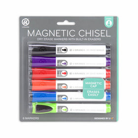 U Brands Low Odor Magnetic Dry Erase Markers With Erasers, Chisel Tip, Assorted Colors, 6-Count