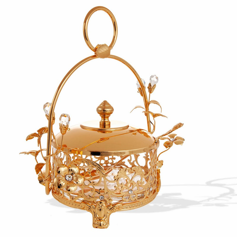 Matashi 24k Gold Plated Crystal Studded Honey/Candy Dish with Rose Accents