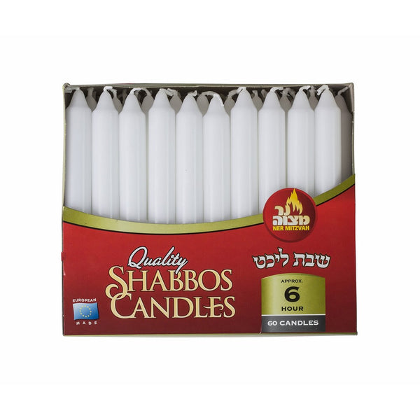 Classic White Taper Candles - 60 Bulk Pack - For Shabbat, Dinner Tables, Restaurants, Ceremonies and Emergency - 6 Hour Burn Time - by Ner Mitzvah