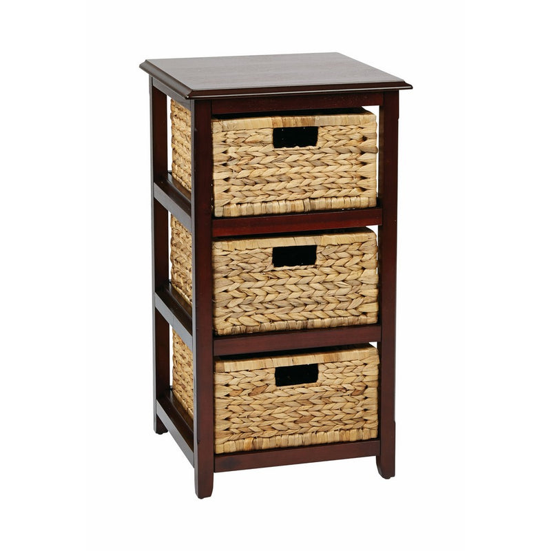 Office Star Seabrook 3-Tier Storage Unit with Natural Baskets, Espresso Finish