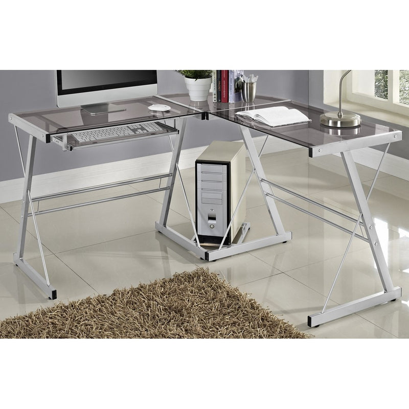 WE Furniture 3 Piece Soreno Silver with Smoke Glass Corner Desk, Grey