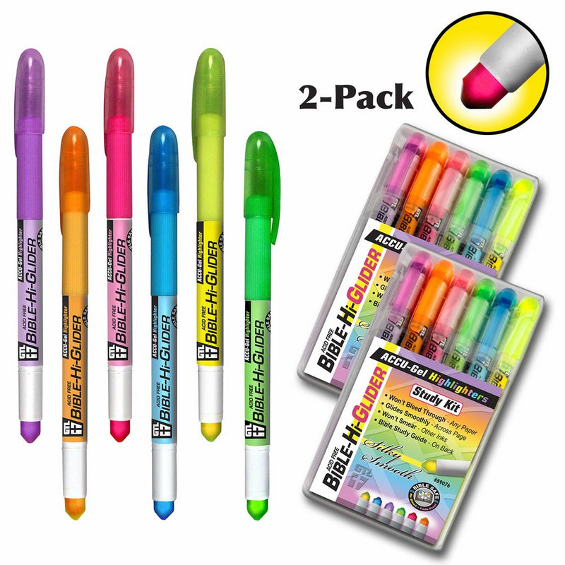 2 Pack - Set of 6 Accu-Gel Study Kit Bible Hi-Glider Highlighters- No Bleed Through!