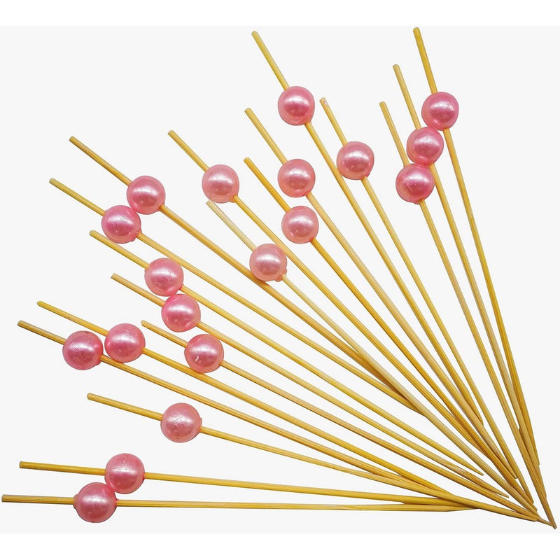 PuTwo Cocktail Picks Handmade Bamboo Appetizer Toothpicks 100 Counts 4.7” Pink Pearls