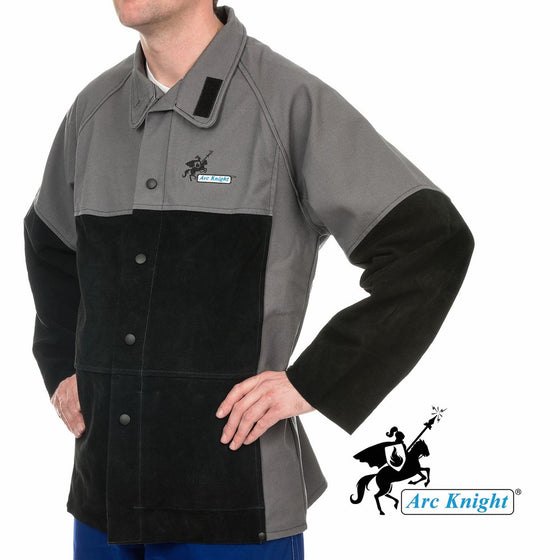 Weldas Arc Knight Versatile Heavy Duty Welding Jacket - Cotton and Leather Sleeves - Grey/Black - Size L