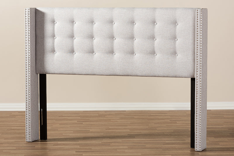 Baxton Studio Ginaro Modern And Contemporary Greyish Beige Fabric Button-Tufted Nail head Queen Size Winged Headboard