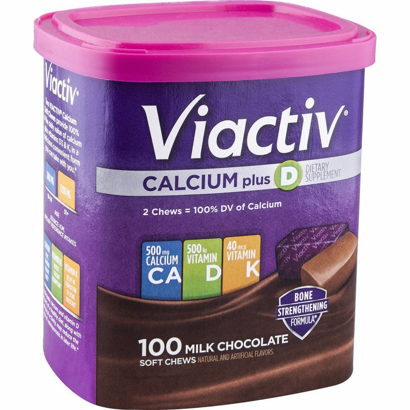 Viactiv Calcium Vitamin D3 Supplement Soft Chews, Milk Chocolate, 100 Chews, Calcium Dietary Supplement for Bone Health