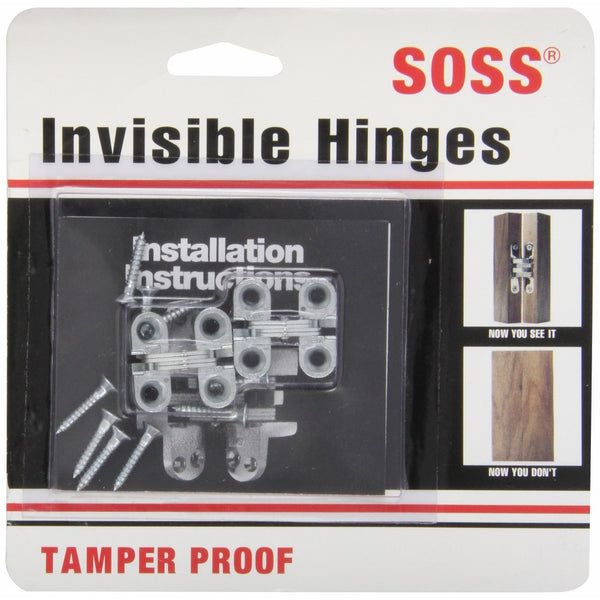 SOSS Mortise Mount Invisible Hinges with 4 Holes, Zinc, Satin Chrome Finish, 1" Leaf Height, 3/8" Leaf Width, 15/32" Leaf Thickness, #5 x 3/4" Screw Size (1 Pair)