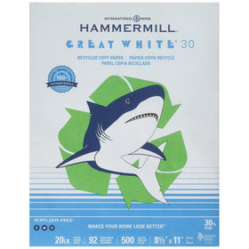 Hammermill Paper, Great White 30% Recycled Copy Paper, 20lb, 8.5 x 11, 92 Bright, 500 Sheets/ 1 Ream (086700), Made in the USA