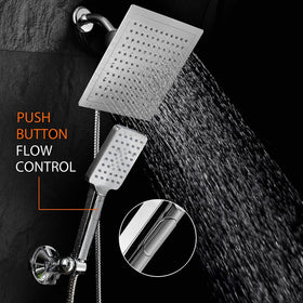 DreamSpa Ultra-Luxury 9" Rainfall Shower Head/Handheld Combo. Convenient Push-Button Flow Control Button for easy one-handed operation. Switch flow settings with the same hand! Premium Chrome