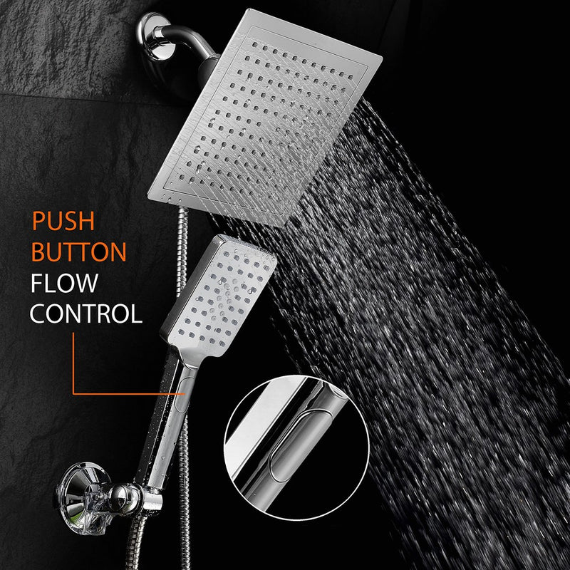 DreamSpa Ultra-Luxury 9" Rainfall Shower Head/Handheld Combo. Convenient Push-Button Flow Control Button for easy one-handed operation. Switch flow settings with the same hand! Premium Chrome
