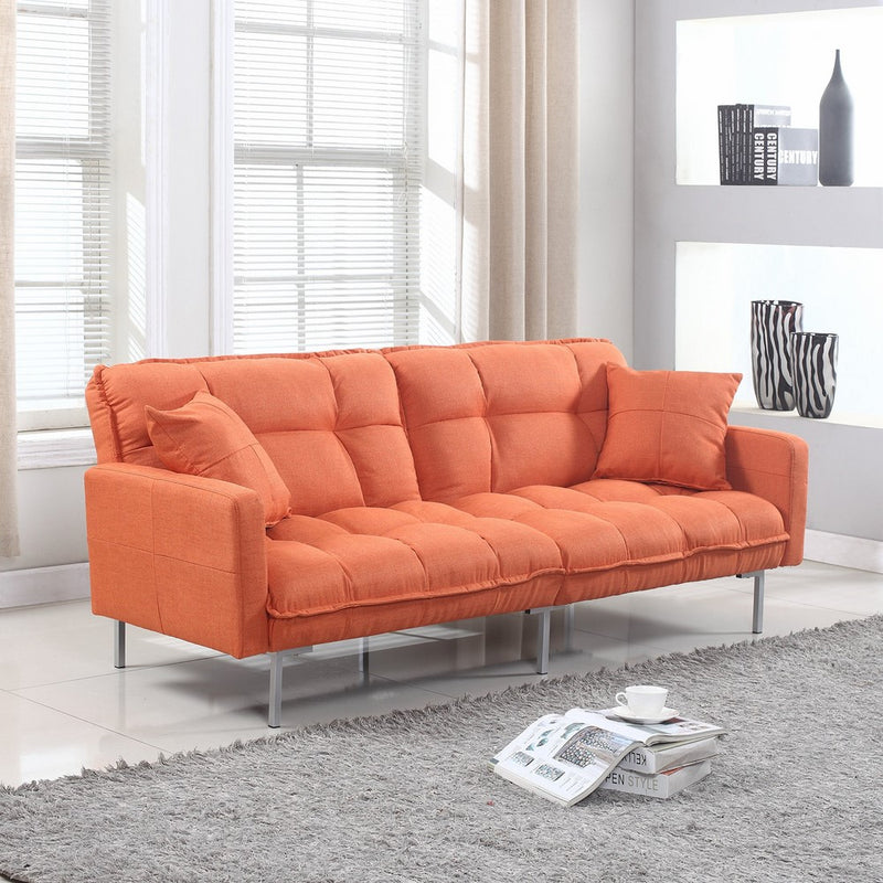 Divano Roma Furniture Collection - Modern Plush Tufted Linen Fabric Splitback Living Room Sleeper Futon (Orange)