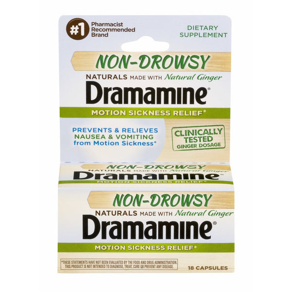 Dramamine Motion Sickness Relief Non-Drowsy Naturals | 18 Capsules | Pack of 4 | Made with Natural Ginger