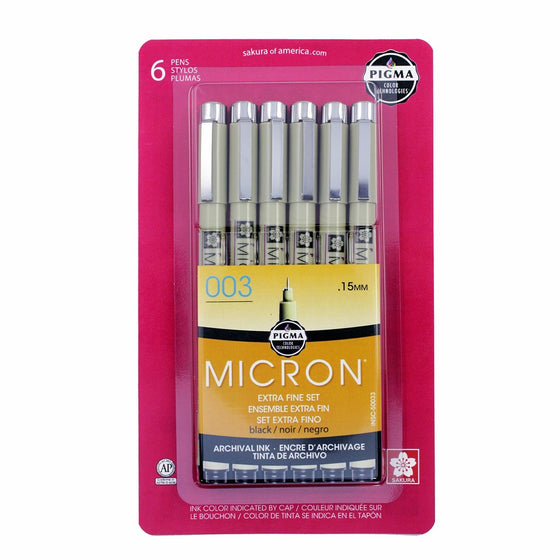 Sakura Pigma 50033 Micron Blister Card Ink Pen Set, Black, 003 Black 6CT