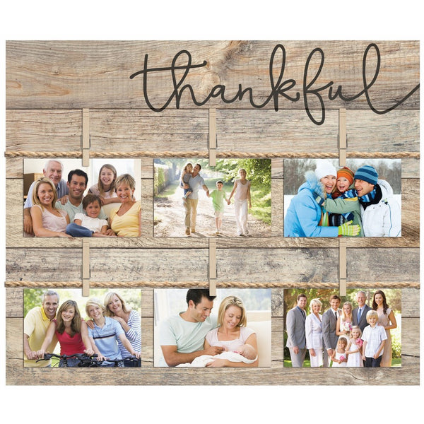 Thankful Script Design 18 x 21 Inch Solid Pine Wood Clothesline Clipboard Photo and Momento Display