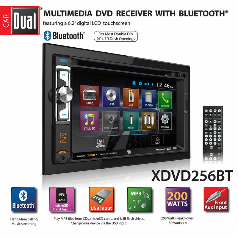 Dual Electronics XDVD256BT Digital Multimedia 6.2" LED Backlit LCD Touchscreen Double DIN Car Stereo with Built-In Bluetooth, CD/DVD, USB, micro SD & MP3 Player