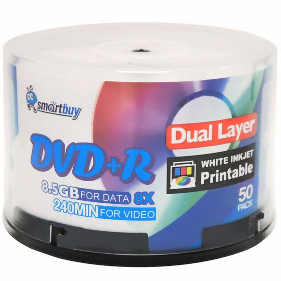 Smart Buy 50 Pack Dvdr Dl 8.5gb 8x DVD Plus R Double Layer Printable White Inkjet Blank Data Recordable Media 50 Discs Spindle