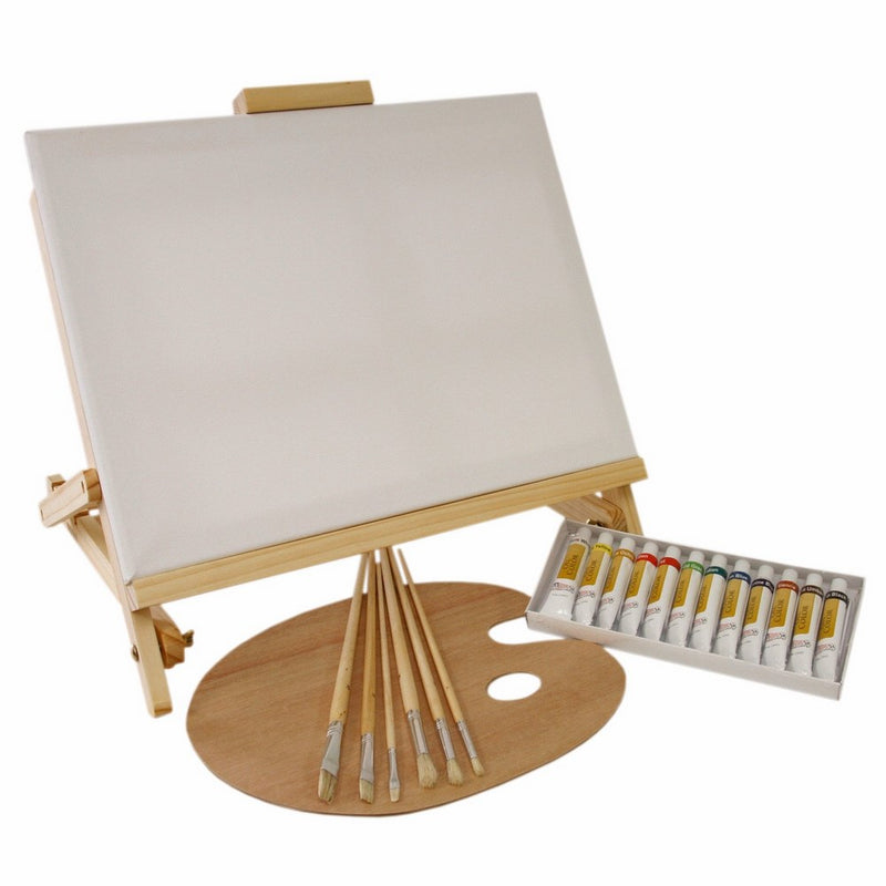 US Art Supply 21-Piece Oil Painting Table Easel Set with, 12-Tubes Oil Painting Colors, 11"x14" Stretched Canvas, 6 Artist Brushes, Wooden Palette