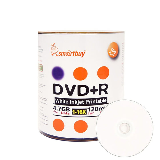 Smart Buy 100 Pack DVDR 4.7gb 16x White Printable Inkjet Blank Media Record Disc, 100 Disc 100pk