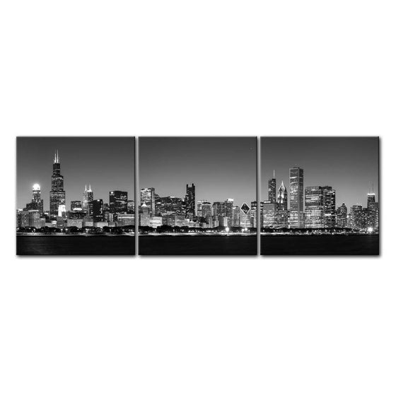 Canvas Print Wall Art Painting For Home Decor Black & White Chicago Skyline Night Buildings Cityscape Coastline 3 Pieces Panel Paintings Artwork The Picture City Pictures Photo Prints On Canvas