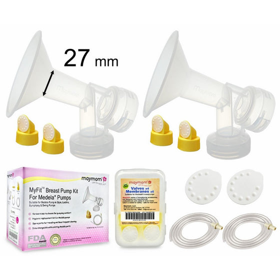 Maymom Breast Pump Kit for Medela Pump in Style Pumps; 2 Large One-piece 27mm Breastshields, 4 Valves, 6 Membranes, & 2 Pump-in-Style Tubing; Simple Wishes Bra Compatible and Medela QuickClean, Micro Steam Bag Safe.