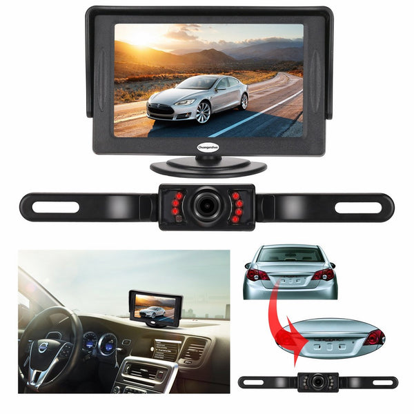 Backup Camera and Monitor Kit For Car,Universal Waterproof Rear-view License Plate Car Rear Backup Camera 4.3 LCD Rear View Monitor