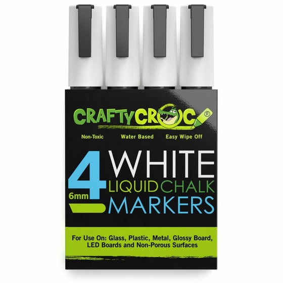 CraftyCroc 4 White Liquid Chalk Markers, 6mm Reversible Tip