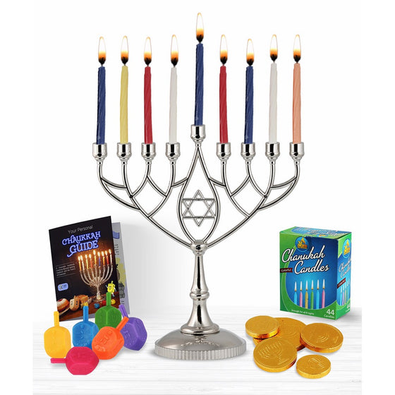 Zion Judaica Hanukkah Value Kit - Full Size Solid Menorah 45 Colored Candles 6 Colored Dreidels Sack of Milk Belgian Hanukkah Coins Gelt - All Essentials in 1 Box