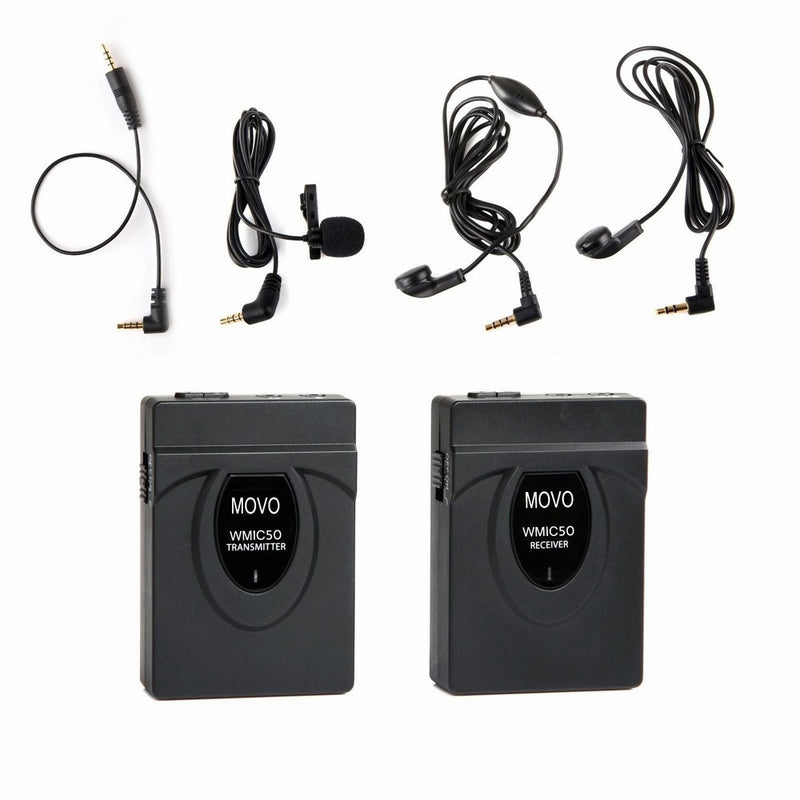 Movo WMIC50 2.4GHz Wireless Lavalier Microphone System with Integrated 164-foot Range Antenna (Includes Transmitter with Belt Clip, Receiver with Camera Shoe, Lavalier and 2 Earphones)