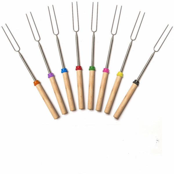 Marshmallow Roasting Sticks- BBQ Extendable forks-32-Inch Telescopic Sticks with Wooden Handle for Outdoor Barbecue Grill and Campfire Pit 8Pack