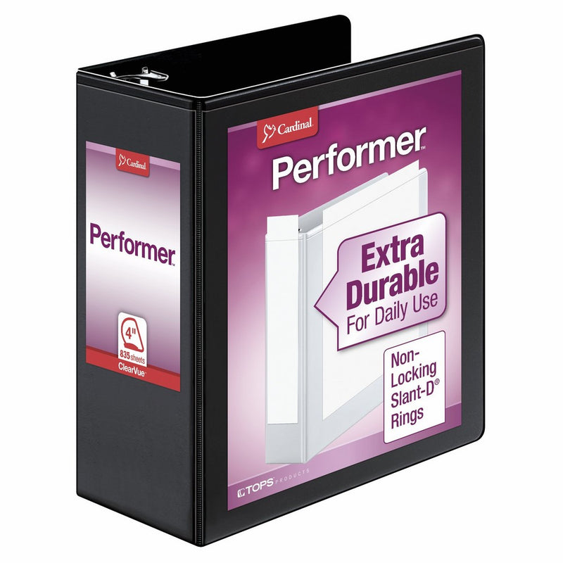 Cardinal Performer 3-Ring Binder, 4", Non-Locking Slant-D Rings, 835-Sheet Capacity, ClearVue Presentation Binder, Nonstick, PVC-Free, Black (17811CB)