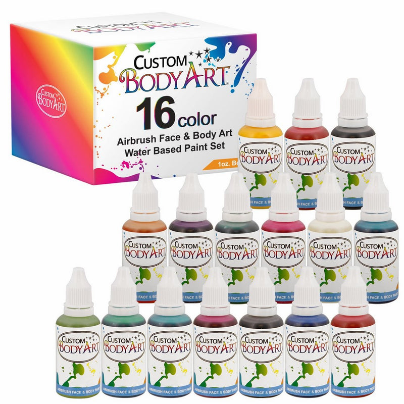 Custom Body Art Brand Set of 16 Colors 1-oz Bottles of Water Base Face-Body ...
