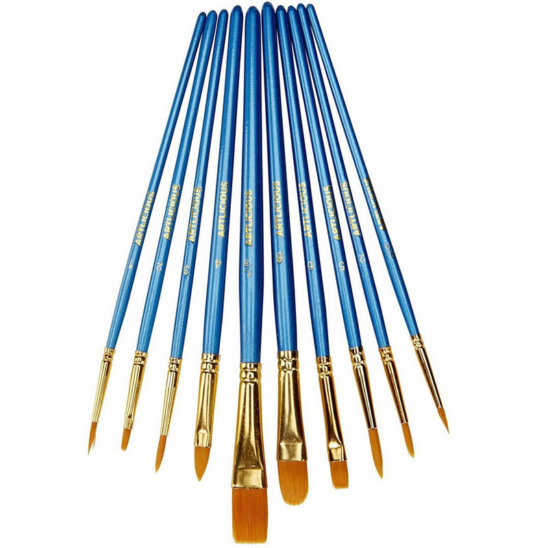 Artlicious - 10 Hand Made All Purpose Nylon Hair Brush Set - Acrylic, Oil, Watercolor Paints