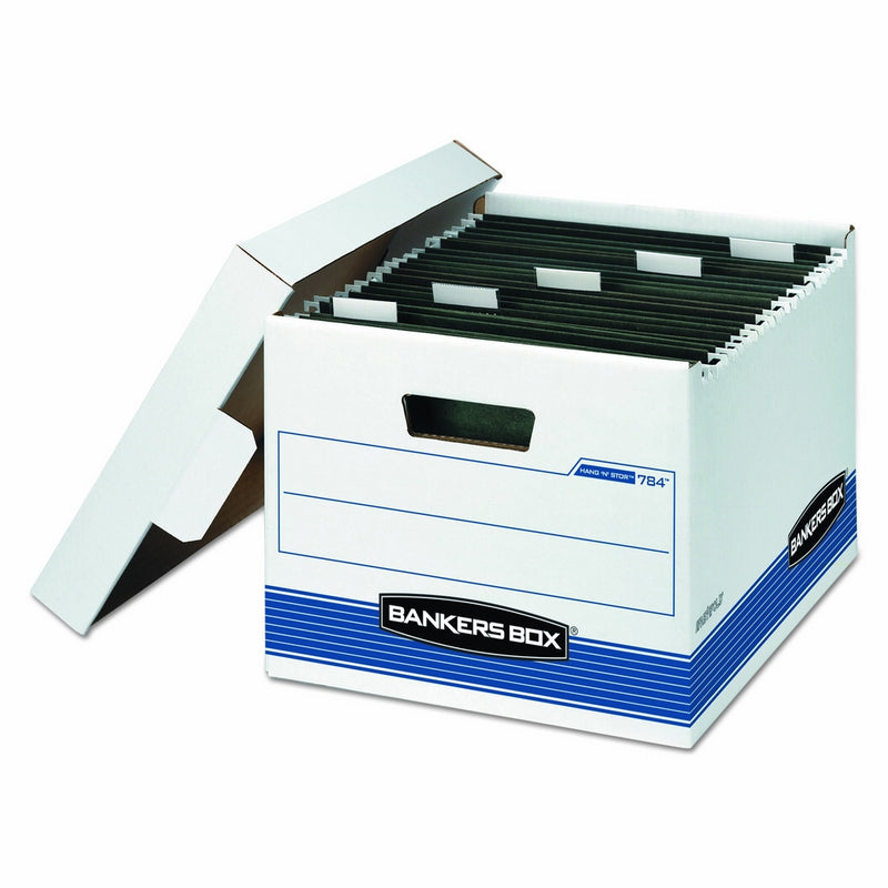 Bankers Box 00784 HANG'N'STOR Storage Box, Letter, Lift-off Lid, White/Blue (Case of 4)