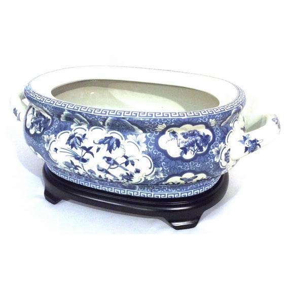 Asian Caravan Blue and White Bird and Flower Porcelain Footbath with Base