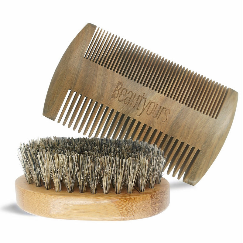 Beard Comb & Beard Brush Kit with carring bag for men - Handmade sandwood Comb and Natural Boar Bristle Beard Brush set for Beard & Mustache Shaping