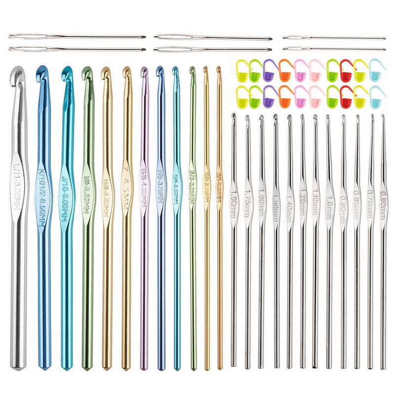 Crochet Hooks 51 Packs set,BCMrun 12 Packs letter sizes (BCDEG7HIJKL)stainless steel hooks Large-eye Blunt Needles Plastic Split Ring Markers with Purple Bag
