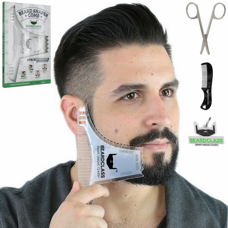 BEARDCLASS Beard Shaping Tool - 8 in 1 Comb Multi-liner Beard Shaper Template Comb Kit Transparent - Bonus Items Included - Works with any Beard Razor Electric Trimmers or Clippers (Clear)