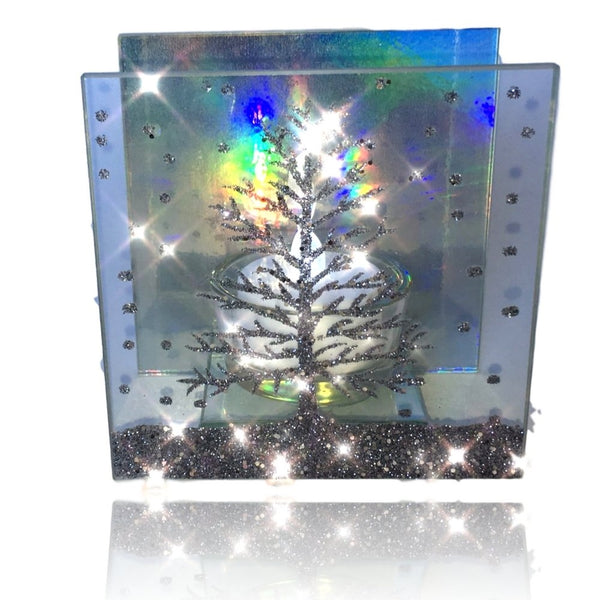 Christmas Candle – Glass Candleholder with a Glittery Xmas Tree Design - Aurora Borealis Reflected in Background - LED Tealight included