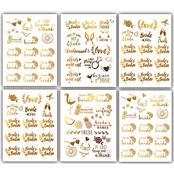 Tropical Bride Bachelorette Temporary Tattoos - Over 100 Team Bride Tribe Metallic Tattoos (6 Sheets) Gold Designs Bachelorettesy Emma Collection